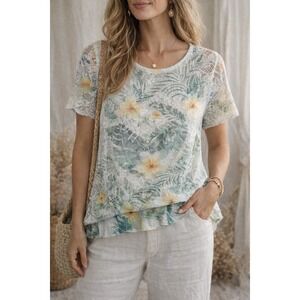 Creation Floral Lace Top L Sheer Tropical Boho Cottagecore Layered Resort